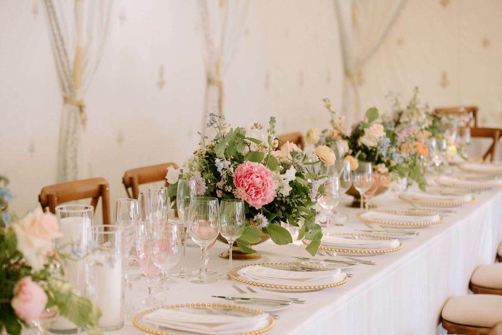 Smalll Marquee Wedding with pink and gold tablescape