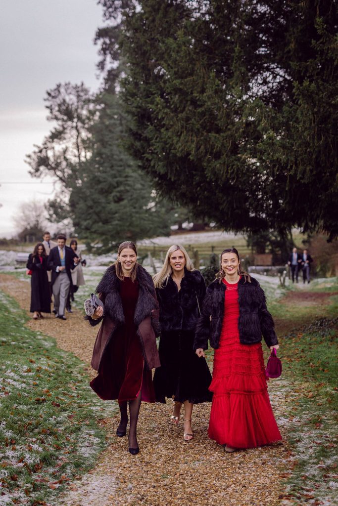 wedding guests in dark colours and big coats for a winter wedding