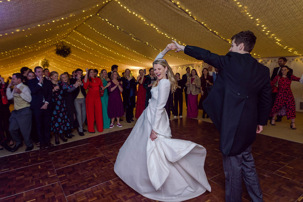 bride and groom in first dance at Welford Park wedding in Berkshire
