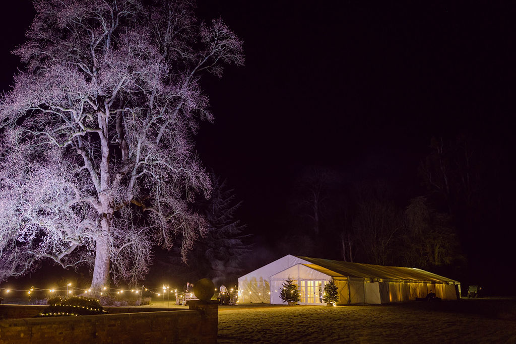 marquee wedding at Welford Park in Berkshire at night