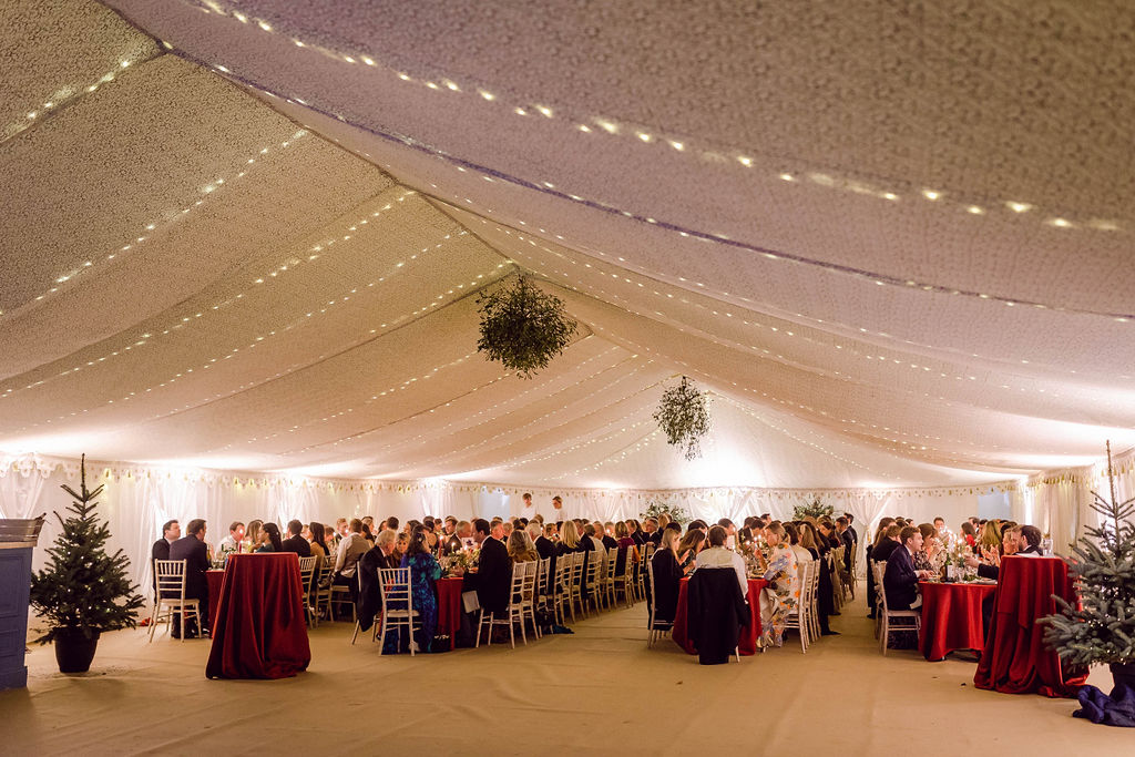 banquet table layout for marquee wedding at Christmas in Berkshire at Welford Park planned by Honour & Pop