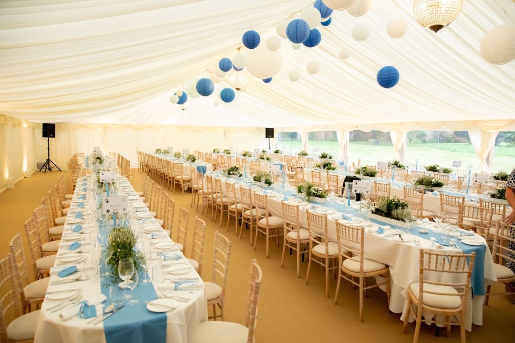 blue and white marquee wedding in wiltshire
