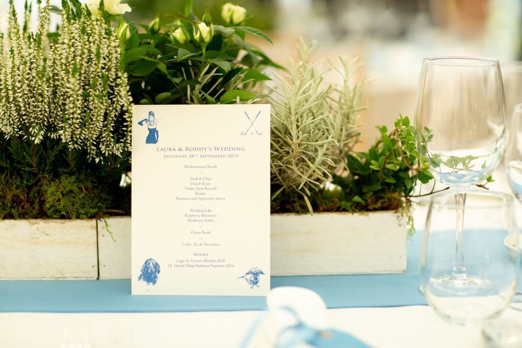 blue and white personalised wedding invitations with audrey hepburn and dogs