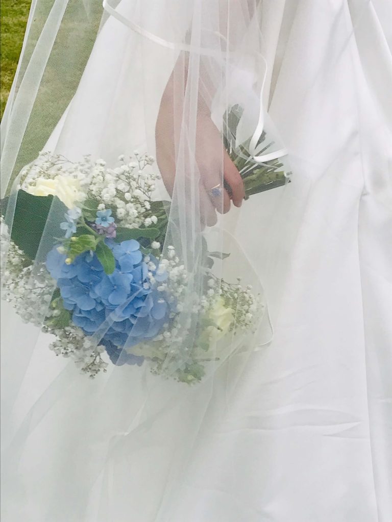 blue and white bouquet for marquee wedding in wiltshire